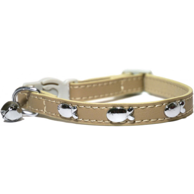 Beige faux leather cat collar with metal fish detail