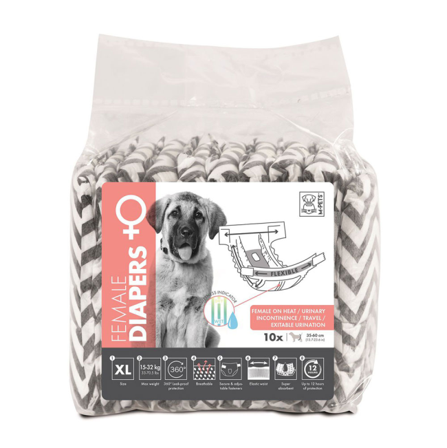 Pack of black & white disposable diapers for female dogs
