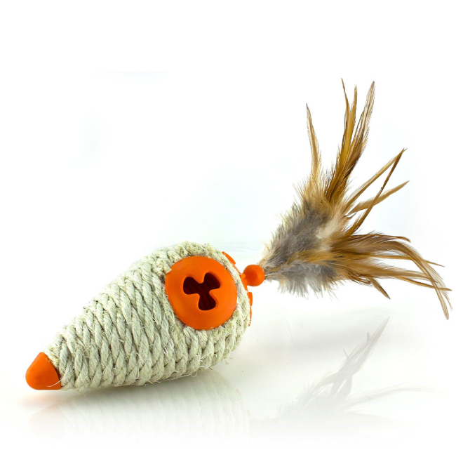 Sisal covered cone shaped cat toy with feathers
