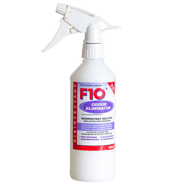 Purple & white plastic bottle of F10 oudour spray
