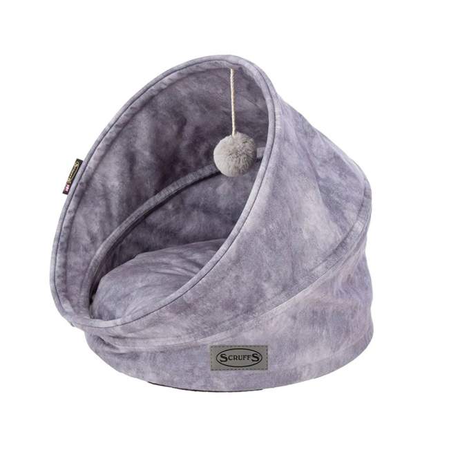 A side view of the Scruffs Kensington Cat Bed in a grey colour with a light grey rattling toy attached