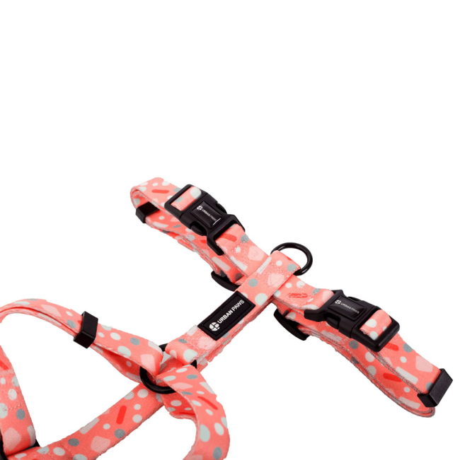light pink with white, blue and red patterned Bella dog Harness close up