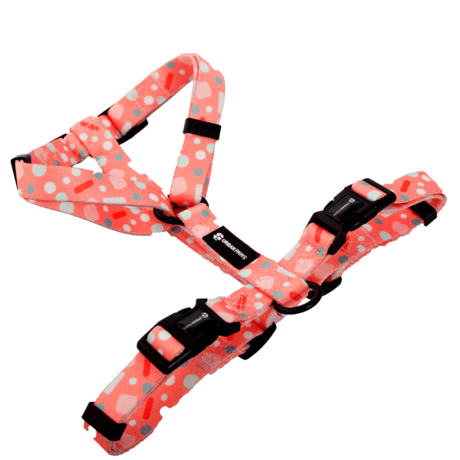 light pink with white, blue and red patterned Bella dog Harness