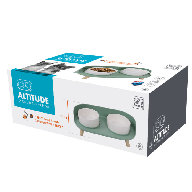 A box containing the M-PETS altitude double-raised pet bowl.