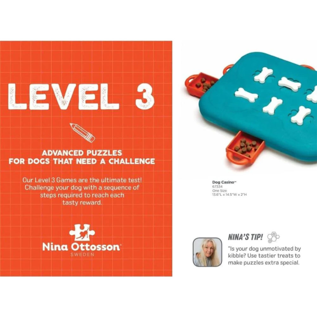 image showing that the dog casino puzzle toy is level three in difficulty
