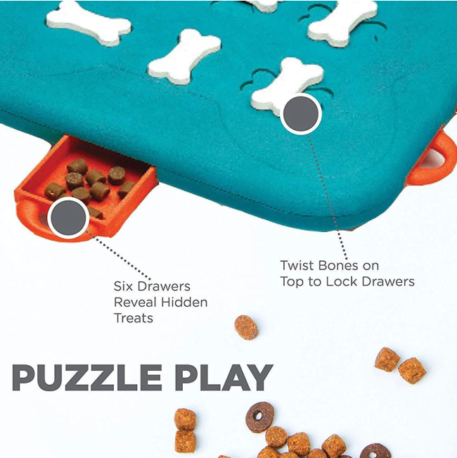 informative image explaining that this dog toy is puzzle play