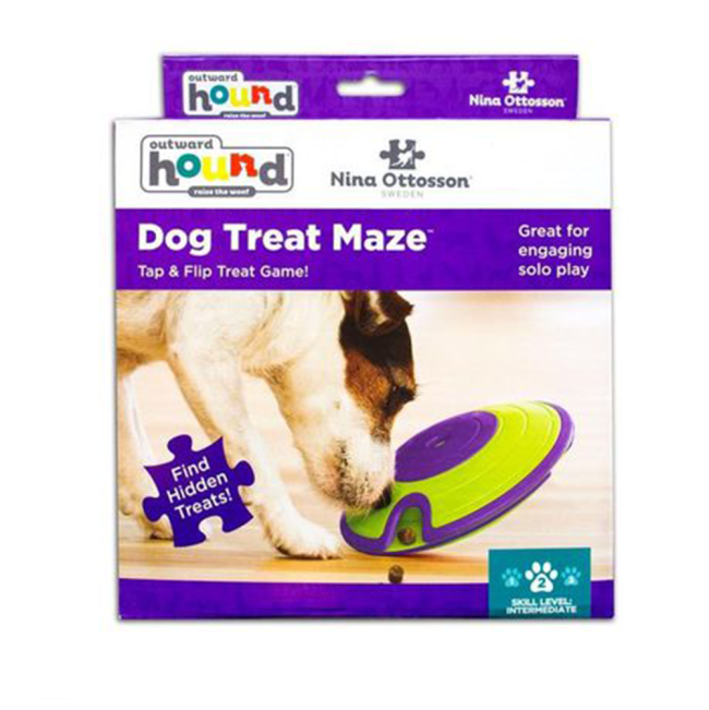 Dog treat maze puzzle toy inside of box