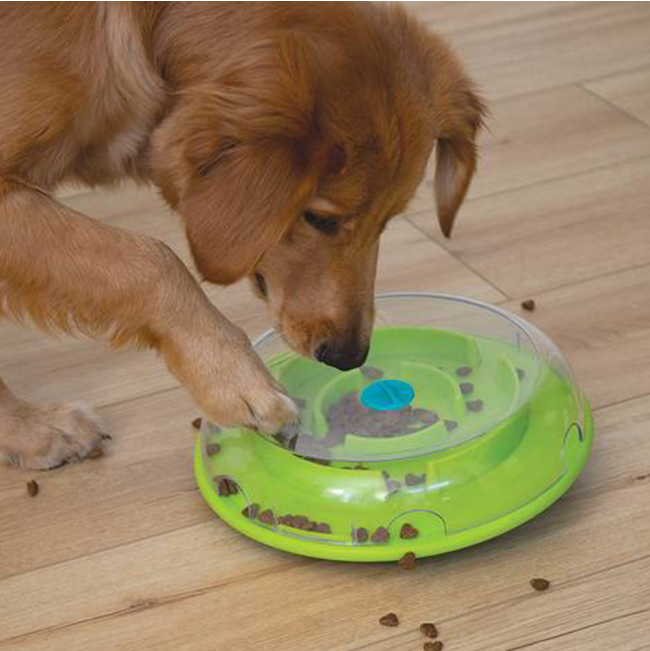 Lifestyle image of dog using wobble bowl
