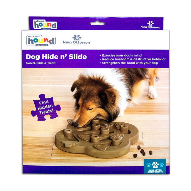 Brown composite puzzle dog toy in box