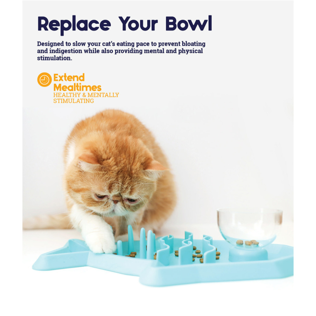 Image explaining that a pet owner can replace their cats food bowl with this hunt a snack bowl for cats