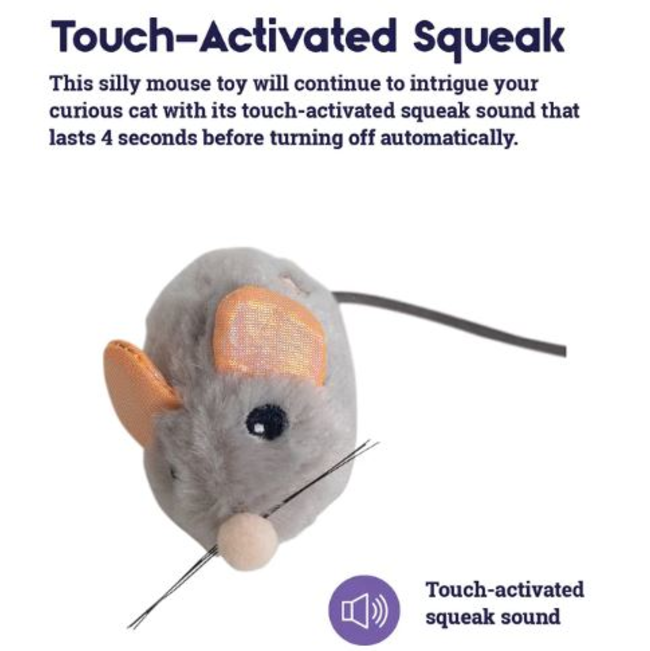 Squeak Squeak Mouse Cat Toy touch activated squeak toy grey mouse with black tail
