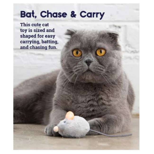 Squeak Squeak Mouse Cat Toy Bat an chase cat toy lifestyle picture with grey cat
