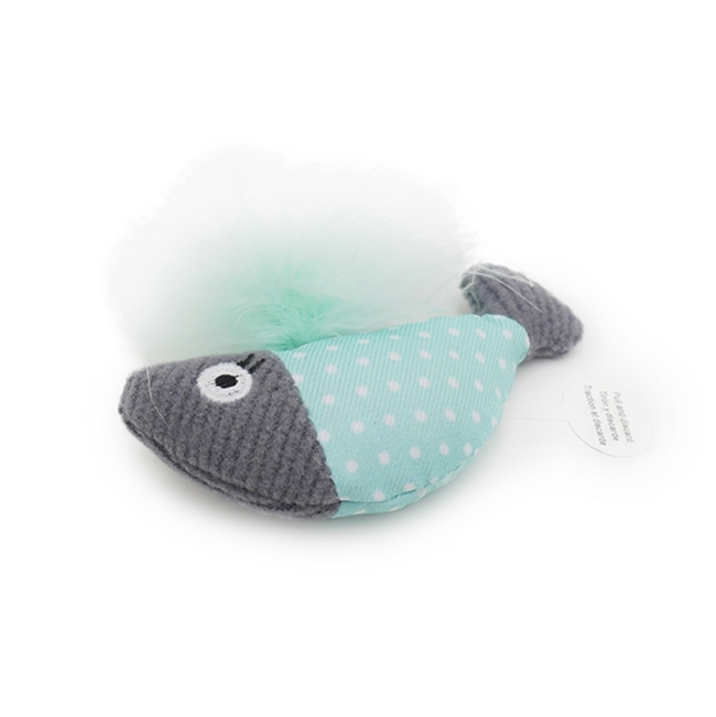 Catnip Tune Chaser Fish front view light blue and grey with feathers