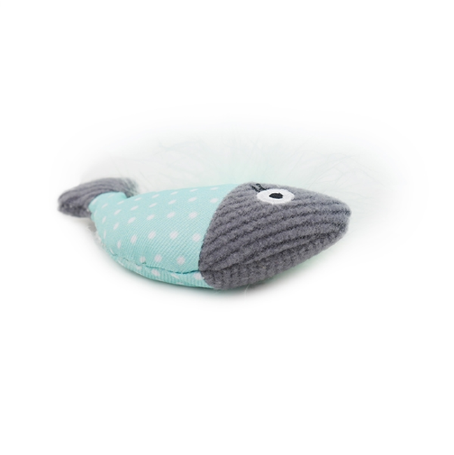 Catnip tune chaser fish side view light blue and grey fish with feathers