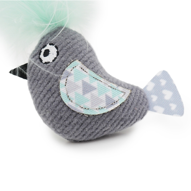 Catnip tune chaser bird close up blue and grey with feathers