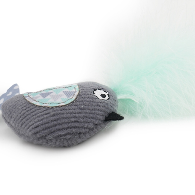 Catnip tune chaser bird side view grey and light blue with feathers