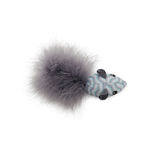 Catnip tune chaser mouse top view light blue and grey cat toy
