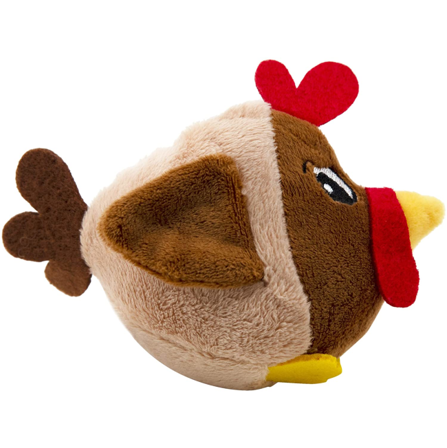 Fattiez brown chicken with yellow beak and red accents side view