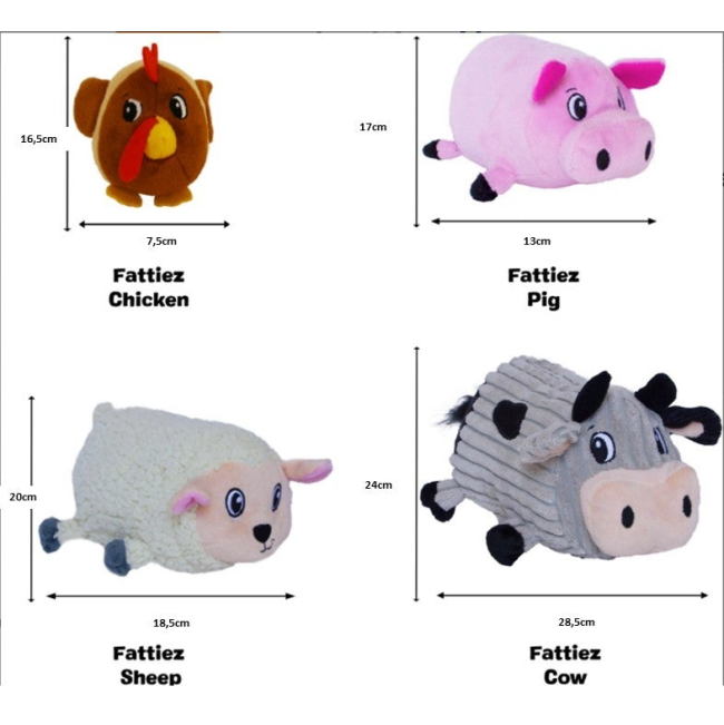 Fatties size chart with chicken, pig, sheep and cow