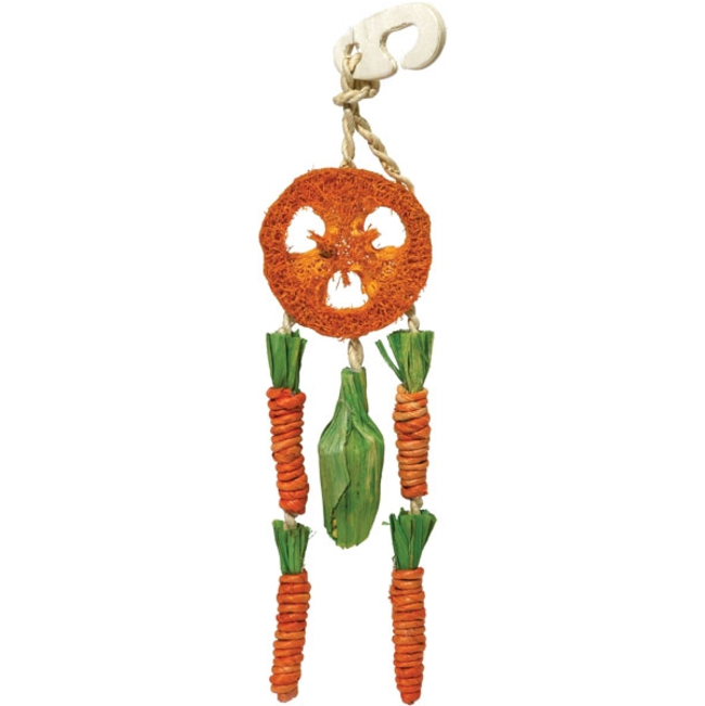 Carrot Dreamcatcher Small Pet Toy front view, orange green and wood