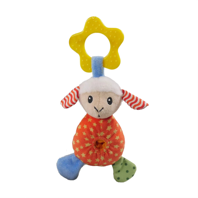 red, orange, green and blue fabric laughy lamb dog toy