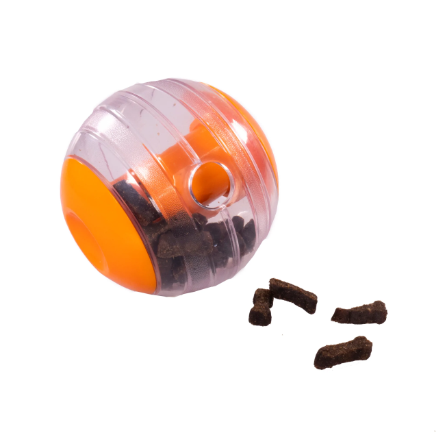 orange and clear colored dog treat toy with brown treats