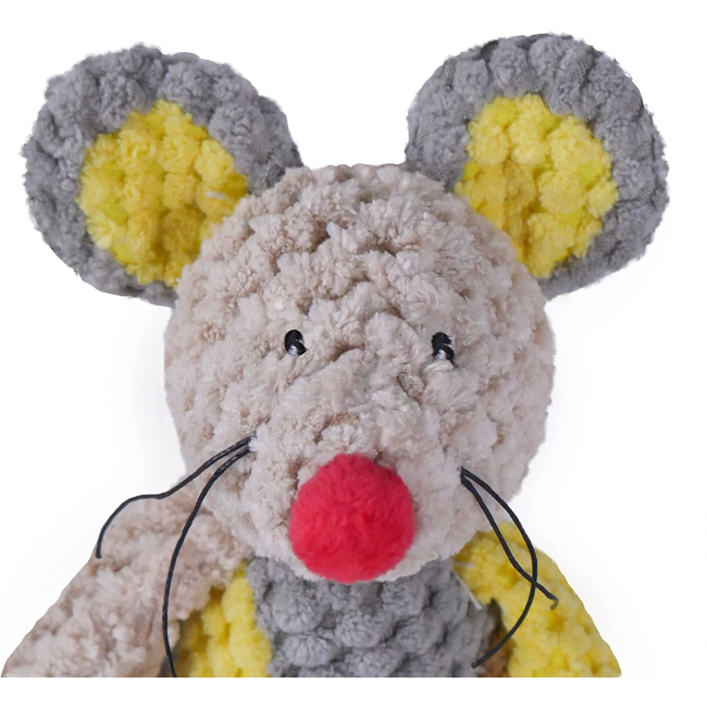 grey, brown, yellow with red nose mouse toy close up