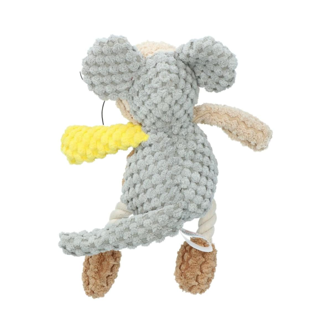 grey, brown, yellow with red nose mouse toy back side
