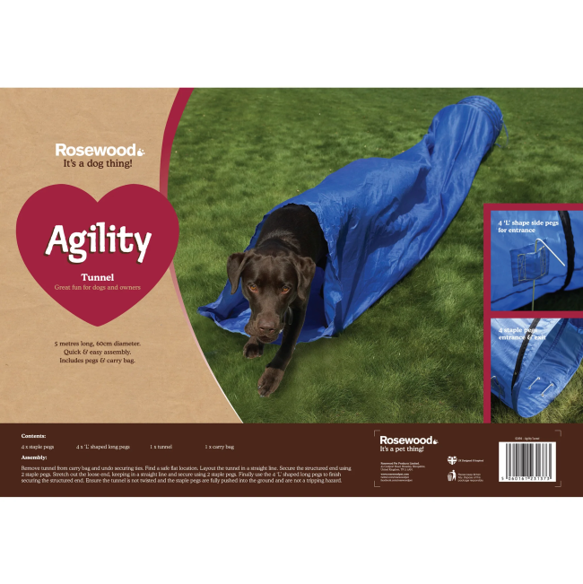 Rosewood Agility Tunnel packaging with black dog in front