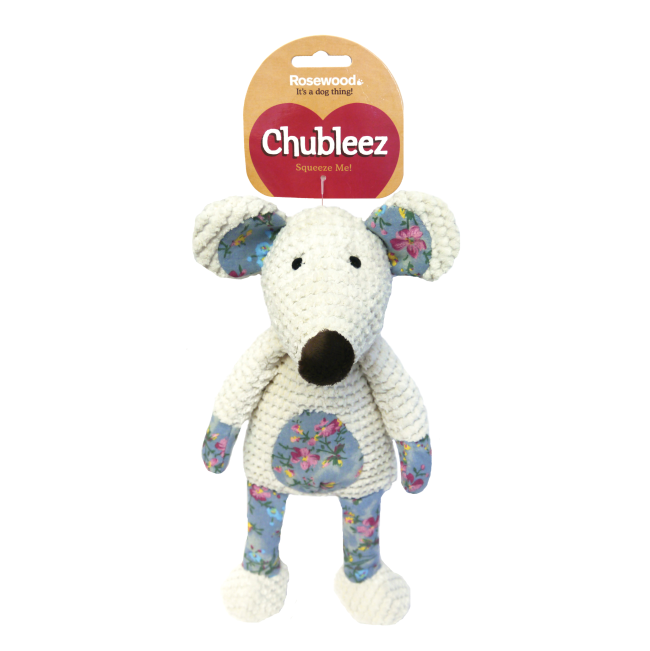 Chubleez Forest Dog Toys masie mouse white and blue in packaging