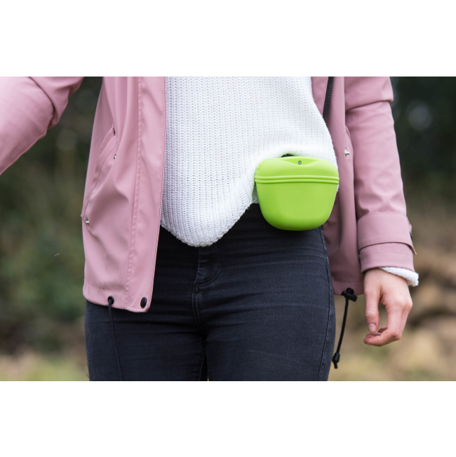 Green Silicone Dog Treat Bag lifestyle on belt on waist