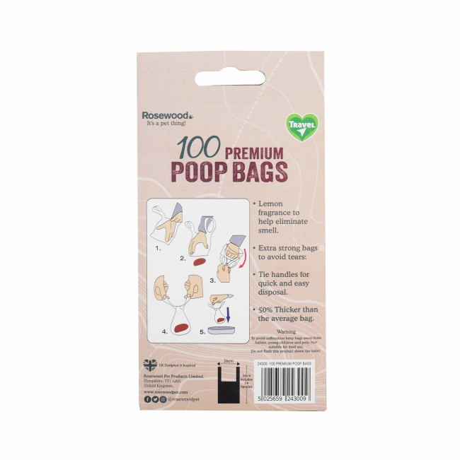 Premium Degradable Poop Bags - 100 Bags back of packaging with information