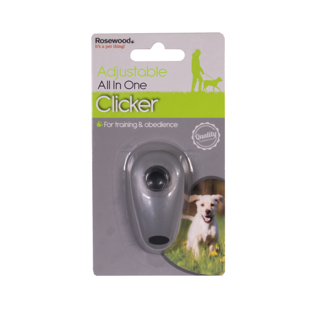 All-In-One Clicker Dog Training Tool inside the plastic packaging