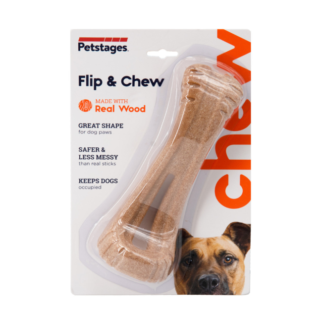 Flip & Chew Bone Dog Chew Toy brown bone in packaging