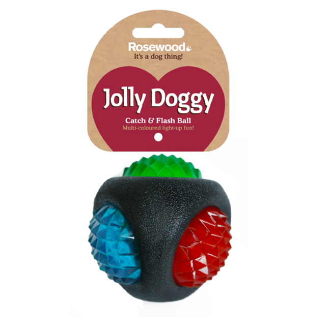 Rosewood Catch & Flash Ball Dog Toy red, blue and green ball in packaging