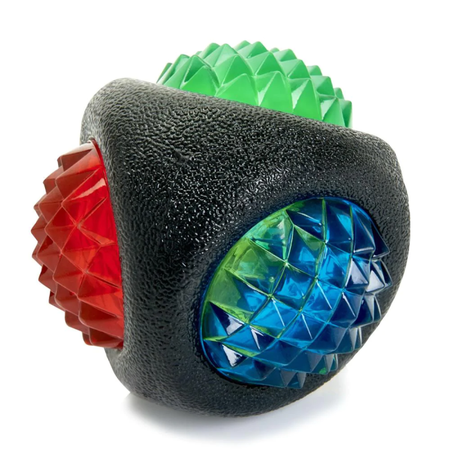 Rosewood Catch & Flash Ball Dog Toy green, blue and red close up