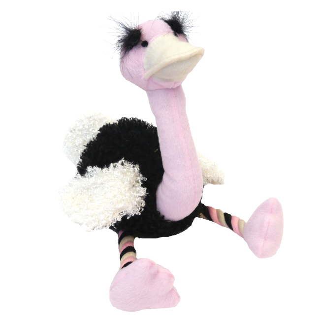 Rosewood Mister Twister Olga Ostrich Dog Toy black and pink bird toy with white accents