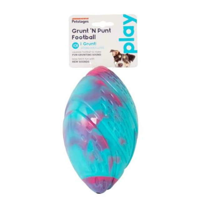 Grunt Fetch Football Dog Toy blue and pink in packaging