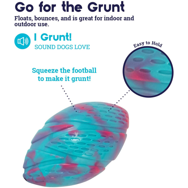 Grunt Fetch Football Dog Toy blue and pink go for the grunt