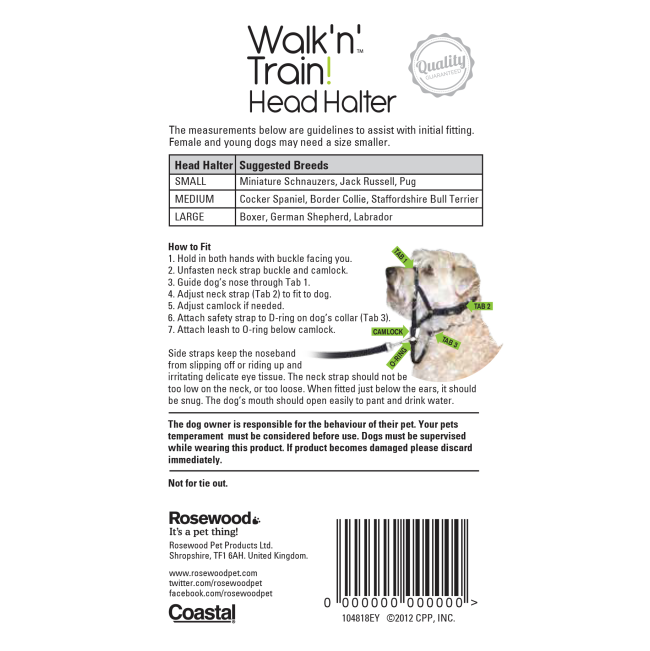 walk 'n train Head Halter back of packaging with how to fit steps