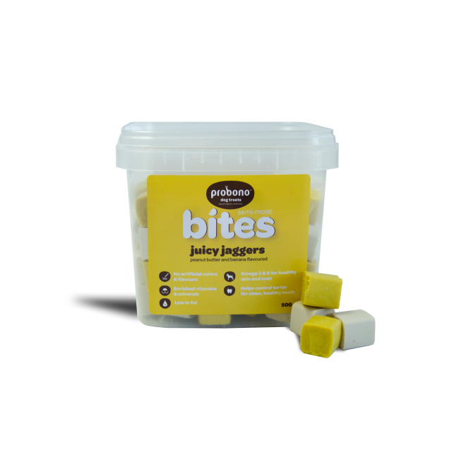Probono Juicy Jaggers Dog Chews in packaging with yellow label
