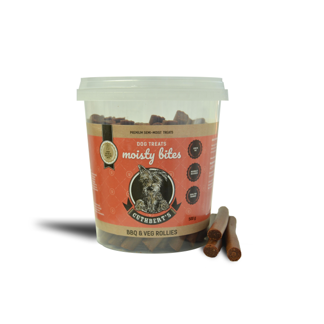 BBQ & Veg Dog Treats in packaging with 3 brown rollies on the side