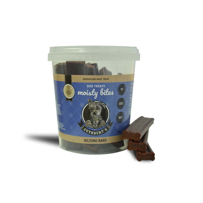 Biltong Bars Dog Treats with brown biltong bars on the side