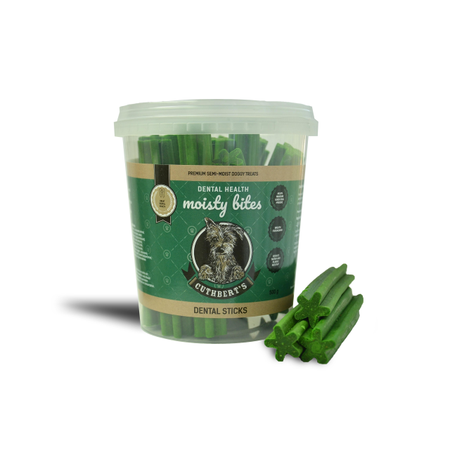 Dental Sticks Dog Treats in packaging with 3 green dental stick on the side