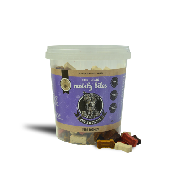 Mini Bones Dog Treats inside packaging with bones on the side
