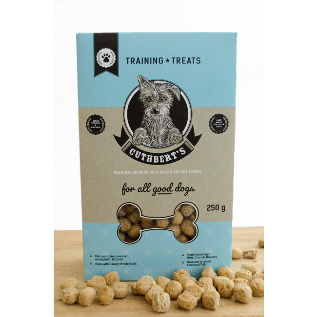 Training Treats Dog Biscuits front view blue packaging with brown treats on the side