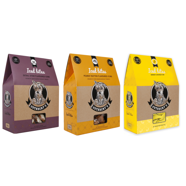 Iced Dog Biscuits purple, orange and yellow packaging group shot