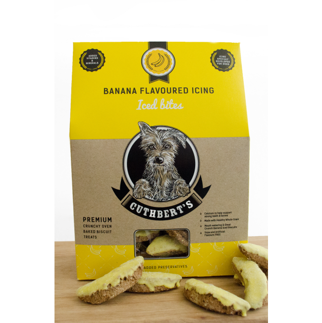 Iced Dog Biscuits yellow packaging banana flavor with banana shaped biscuits on the side