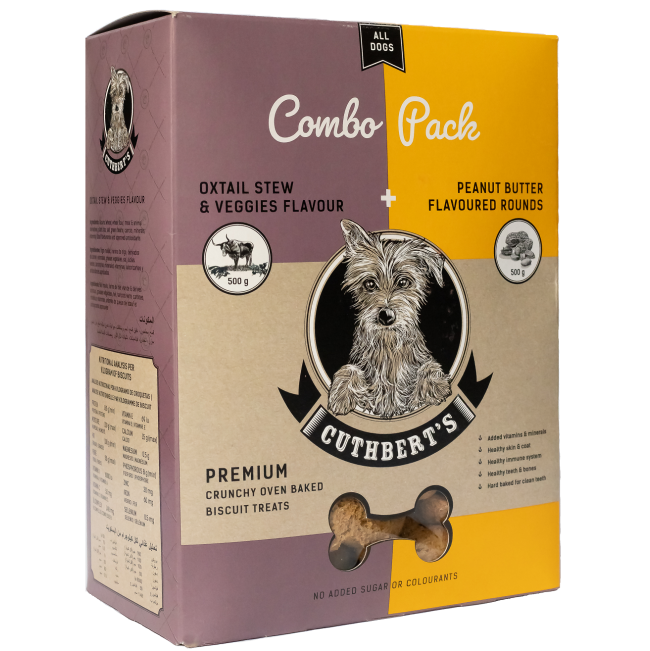 Oxtail & Peanut Butter Dog Biscuits - Combo Pack purple and yellow packaging