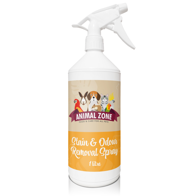 Animal Zone Stain & Odour Removal Spray orange label in white spray bottle
